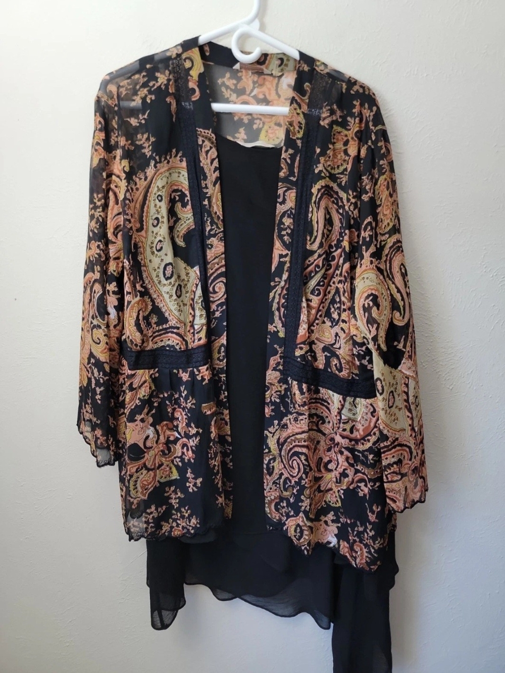 Soft Surroundings Black Sheer Paisley Open-Front Cardigan & Tunic Boho